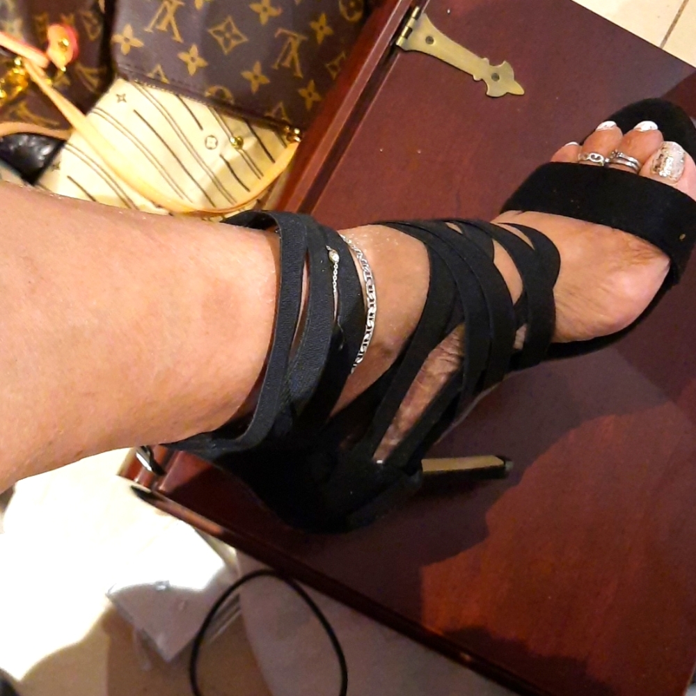 SEXY BLACK SUEDE 5" STILETTOS STRAPPY SANDALS SIZE 8